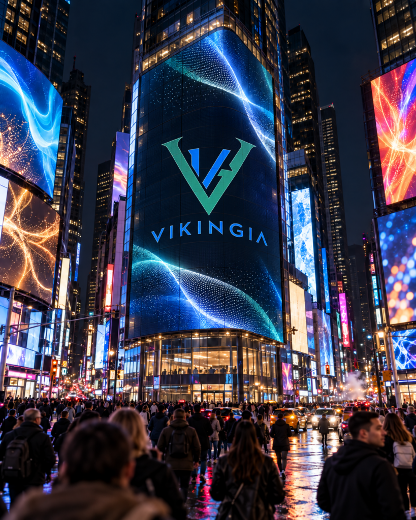 Logo de Vikingia integrado con perspectiva realista en una pantalla gigante de Times Square de noche