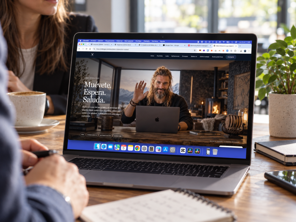 Portátil sobre una mesa de trabajo mostrando el hero interactivo de Vikingia durante una revisión comercial en una pequeña empresa